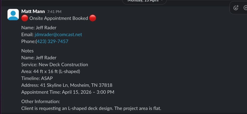 Slack alert: new booked appointment for an L-shaped deck