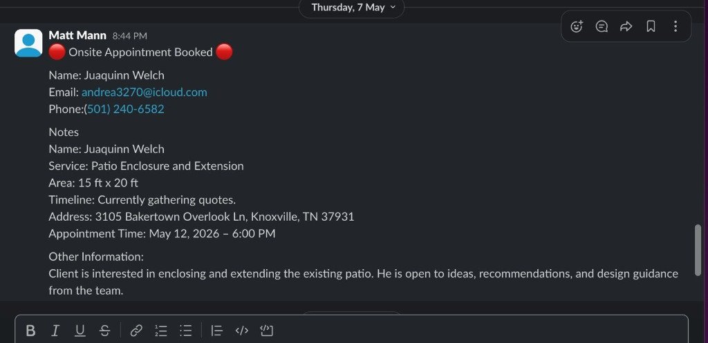 Slack alert: new booked appointment for a patio enclosure