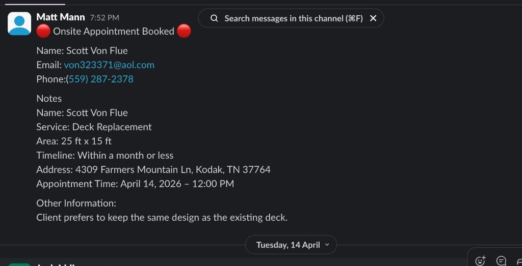 Slack alert: new booked appointment for a deck replacement