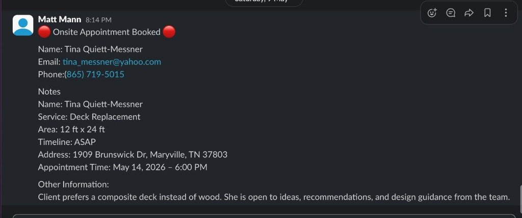 Slack alert: new booked appointment for a 12x24 composite deck
